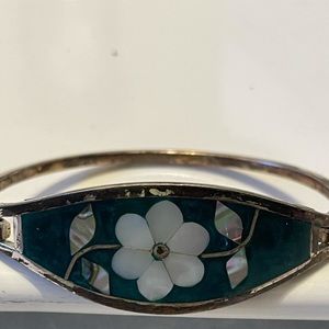 Vint. Abalone Flowered Silver With A Green Enamel